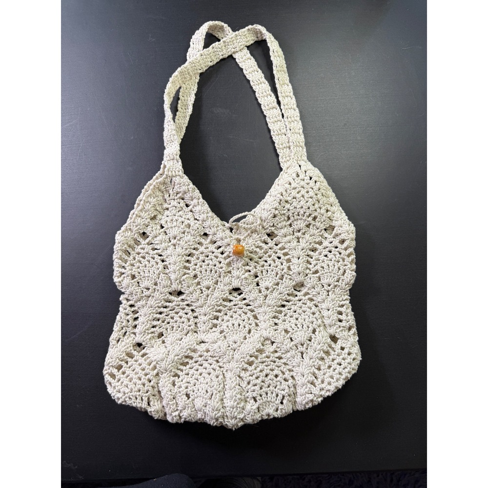 Handmade Crochet Shoulder Bag Cream Boho Knit Tote Wood Bead Closure